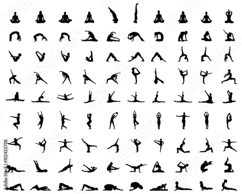 Black silhouettes of yoga and fitness, vector