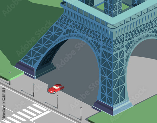 Eiffel tower and red car isometric