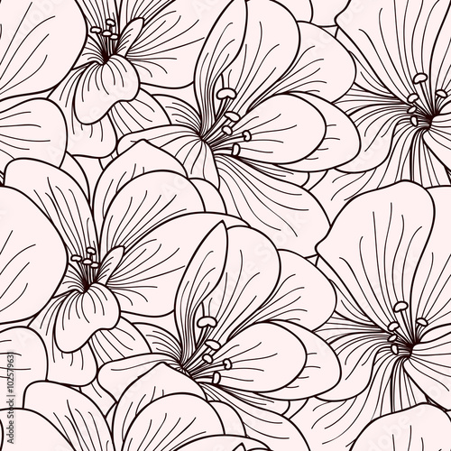 Beige and brown geranium flowers line drawing seamless pattern