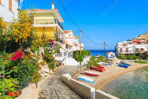 A view of street and houses in beautiful Kokkari fishing village, Samos island, Greece