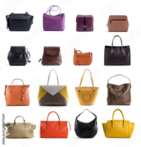 set of women colored leather handbags isolated on whte background