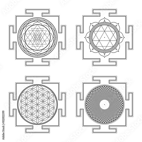 monocrome outline hindu yantra illustrations set.