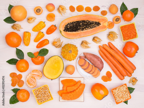 Orange fruit and vegetables containing plenty of beta carotene