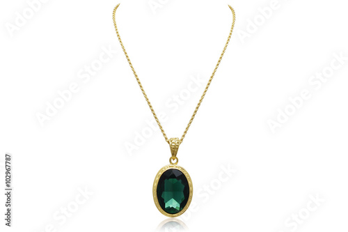 Trendy Oval Emerald Gemstone Necklace in an Ornate Yellow Gold Setting with Rope Chain