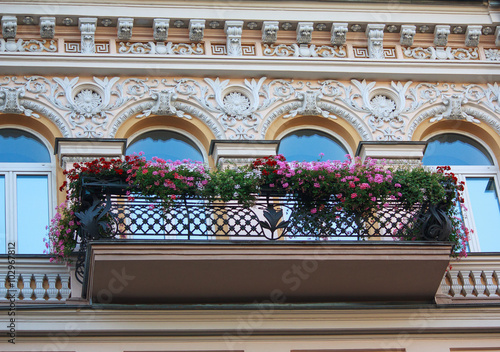 Balcony with flowers and facade of the building in classical sty