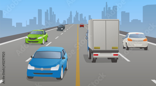 four lanes road and various vehicles, opposite lane, vector illustration