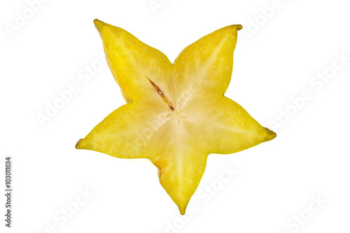 Averrhoa carambola starfruit cross-section slice isolated over white background,