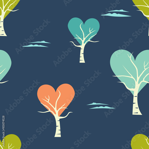Lyrics birch stylized poetic heart tree background. Seamless repeat blue pattern. Vector illustration.
