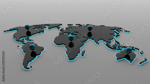 3d Black World map and cyan blue light with colored pins