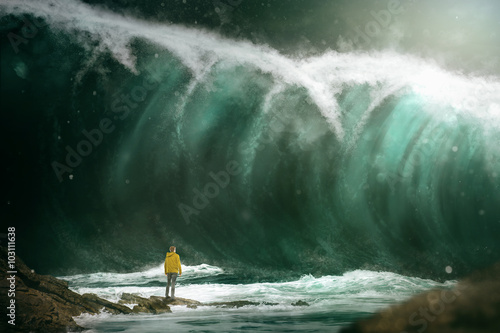Man in front of a tsunami