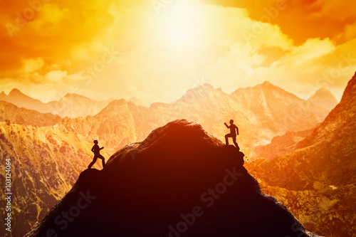 Two men running race to the top of the mountain. Competition, rivals, challenge