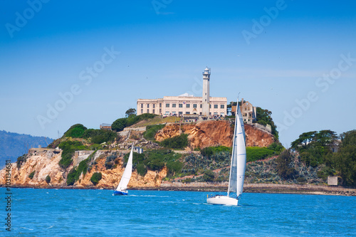 Alcatraz prison and yachts in San Francisco bay