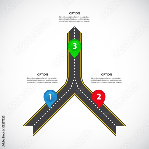 2 to 1 vertical converging roads with arrows, bright map pointers and text fields - Teamwork and focus on results - Vector infographics