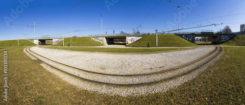 Tramway rails in side a big roundabout in Zagreb