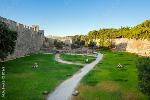The fortress walls of the Old City. Rhodes, Greece