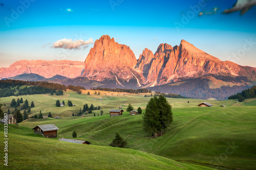 Seiser Alm with Langkofel Group in last sunlight, South Tyrol, I