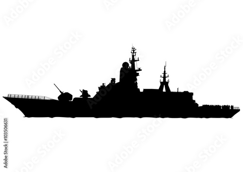Silhouette of a large warship on a white background