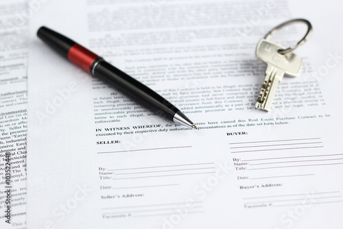 Legal document for sale of real estate with pen and house keys