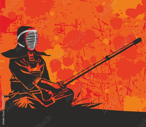 Мастер кендо сидит на холме и держит бамбуковый меч (kendo master is sitting on a hill and holds a bamboo sword)