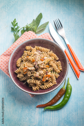 fusilli with fish and hot chili pepper