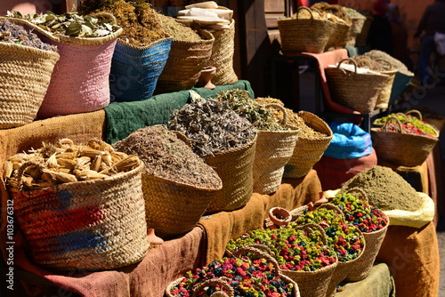 Marrakech, Morocco, Africa. A market stall near El Badi of herbs,spices and grains.