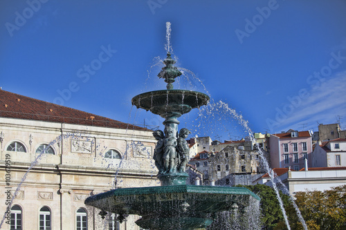 Famous fountain on rossio square the liveliest placa in Lisbon