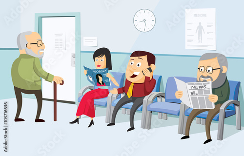 Waiting room at the doctor with the patient. The best medical health care. Modern interior of a private medical practice Health Center. Vaccination. Simple cartoon vector illustration.