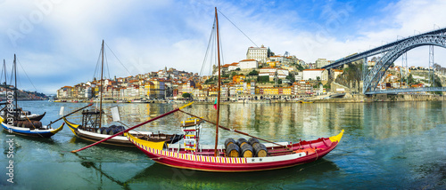 panorama of beautiful Porto with traditional boats. Portugal