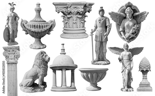 Collection of statues isolated on white background, image include clipping path for remove background