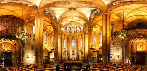 Interior of Barcelona Cathedral, Spain - Panorama