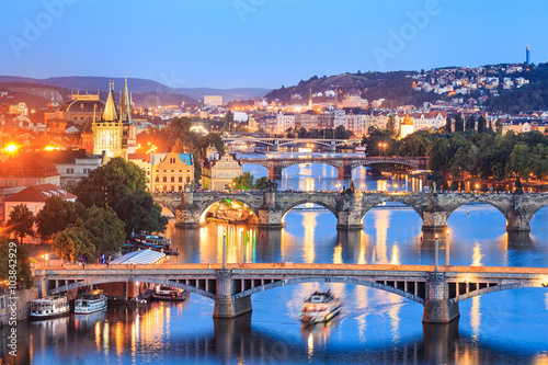 View at The Charles Bridge and Vltava river in Prague in dusk