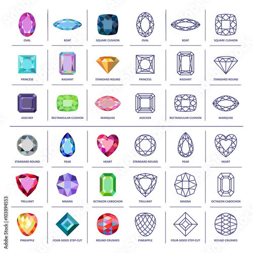 Low poly popular colored & blueprint outline gems cuts infograph