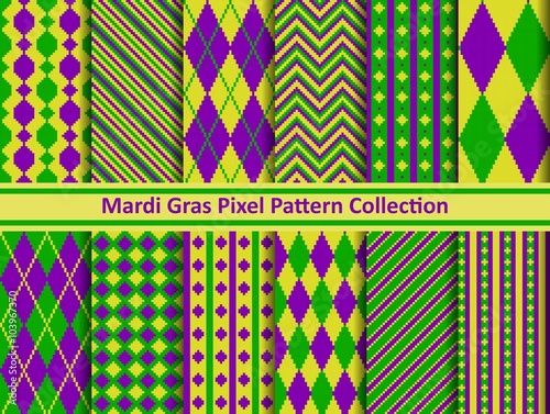 Mardi Gras pixel seamless pattern set in holiday colors. Vector illustration.
