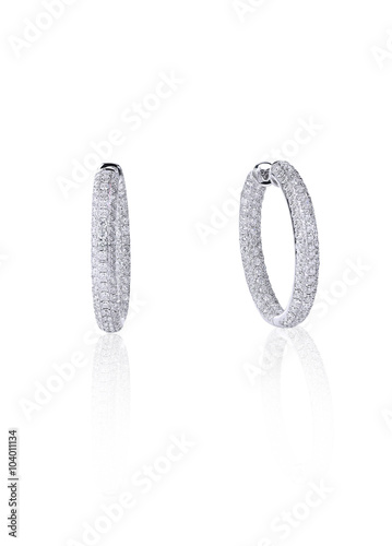 Pave Diamond Hoop Earrings isolated on white with a reflection