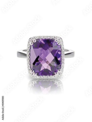 Large Rectangle purple amethyst cushion cut diamond halo fashion cocktail or engagement ring. isolated on white with a reflection