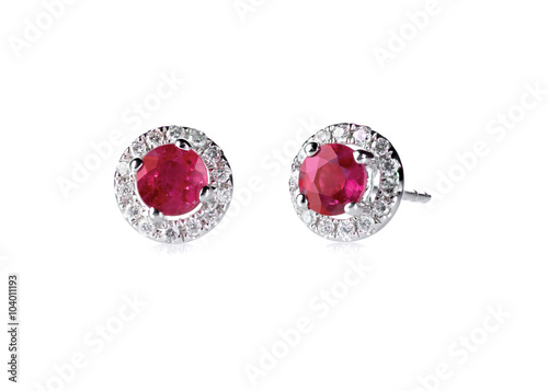 Red ruby halo setting diamond stud earrings set isolated on white