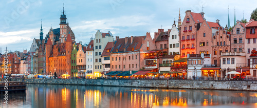 Panorama of Old Town of Gdansk, Dlugie Pobrzeze and Motlawa River in night, Poland