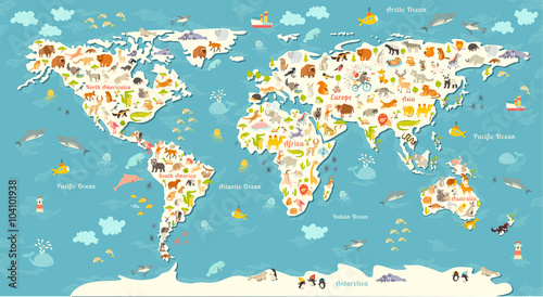 Mapa świata zwierząt. Piękna rozochocona kolorowa wektorowa ilustracja dla dzieci i dzieciaków. Z napisem oceanów i kontynentów. Przedszkole, dziecko, kontynenty, oceany, ciągnione, Ziemia
