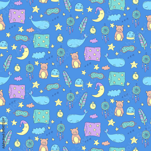 Seamless pattern with sleeping whales, pillows, stars, etc