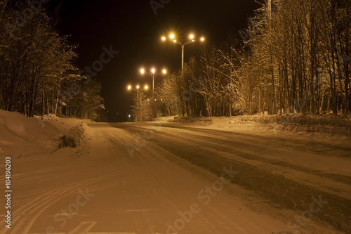 Winter road in the town of Apatity, Murmansk region