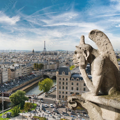 Gargoyle and city view from the roof of Notre Dame de Paris