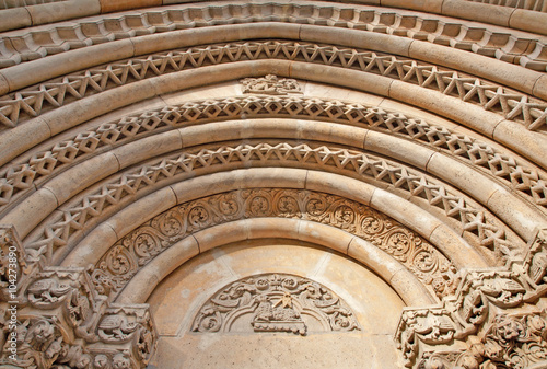 Budapest - Detail of from west portal on gothic Church of Jak