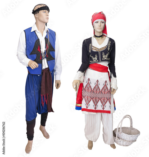 Greek cretan national man and woman clothes costume on mannequin