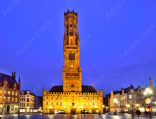 Historic landmark in Brugge Belfry tower in Markt square of Belgium