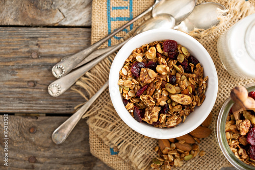 Homemade granola with milk for breakfast