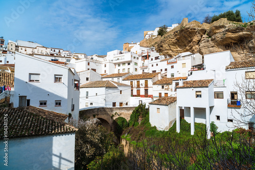 Setenil de las Bodegas is a town in the province of Cadiz, Spain, famous for its dwellings built into rock overhangs above the Rio Trejo. Andalusia. Spain