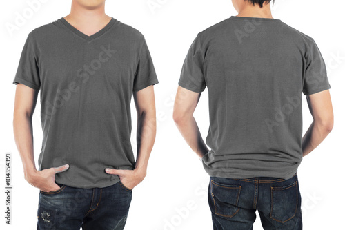 Close up of man in front and back grey shirt on white background