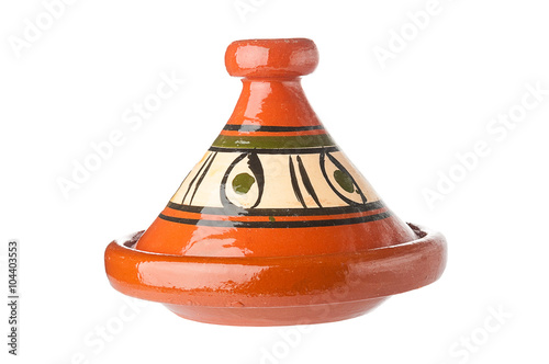 Traditional decorated Moroccan tagine on white background