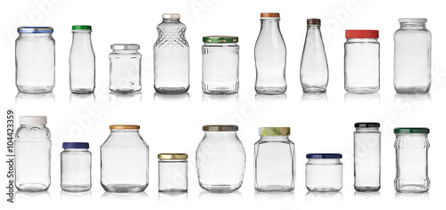 Set of empty jars with caps isolated on white background