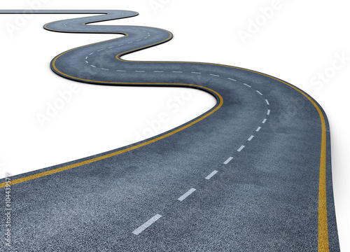 Winding road isolated on white background. Disappearing into the distance. The two-lane road with lane markings. Conceptual image. 3d rendering